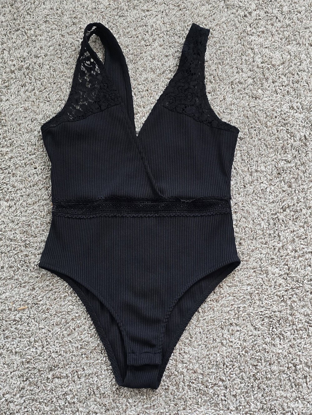 Topshop Black Ribbed Lace Bodysuit